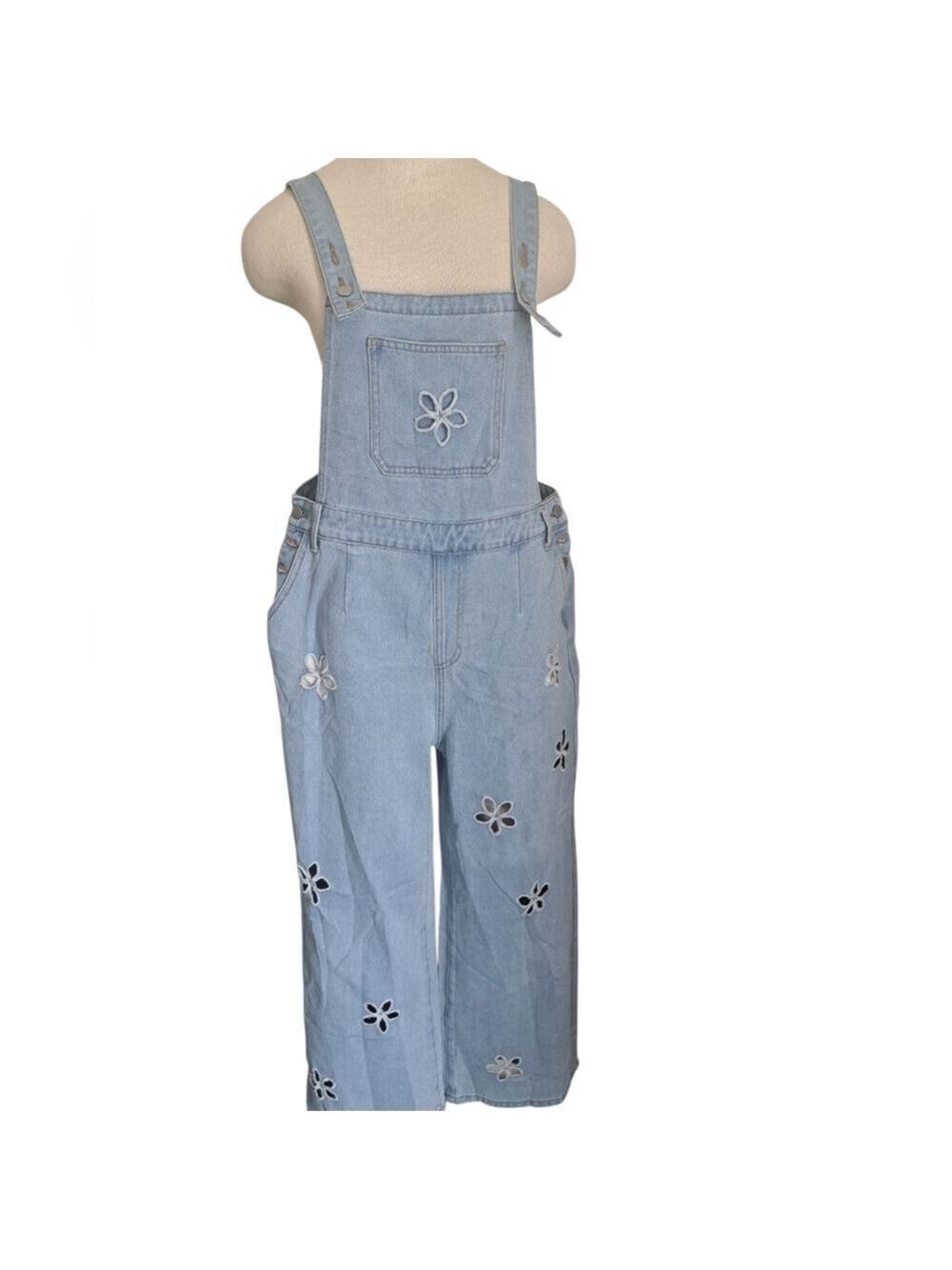 CIDER light blue jean overalls cut out floral wide leg western cowgirl festival